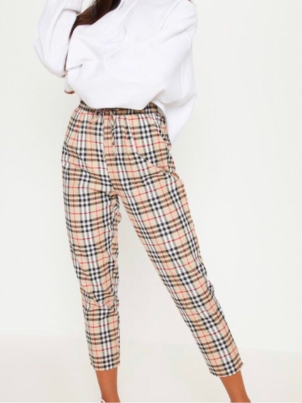 PrettyLittleThing Beige Plaid High-Waist Tapered Pants